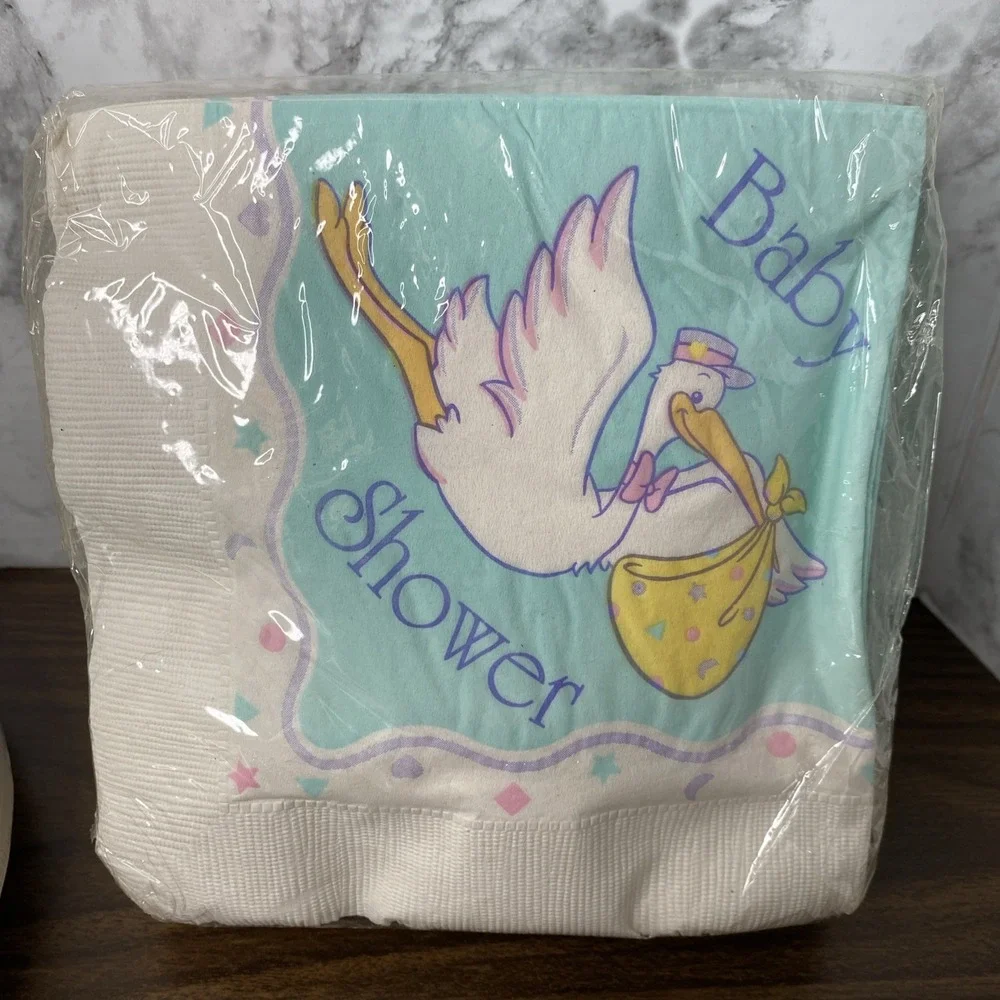 VTG 80/90s NIP AMSCAN Baby Shower Lot Plates, napkins, Tablecover Pastel Stork
